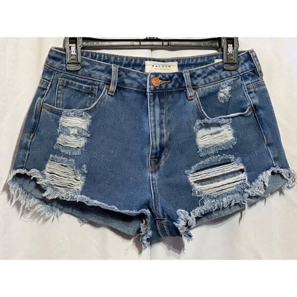 PacSun Womens Distressed High-Rise Denim Shorts Size 27 Frayed Hem Blue - Picture 1 of 9
